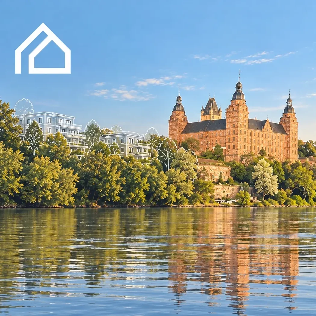 Hausverwaltung Steigerwald – Aschaffenburg und Umgebung Schloss Johannisburg in Aschaffenburg mit Blick über den Main und stilisierten Wohngebäuden als Symbol für die regionale Immobilienverwaltun