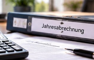 Jahresabrechnung einer WEG Ordner mit der Aufschrift Jahresabrechnung und Unterlagen zur WEG-Abrechnung.