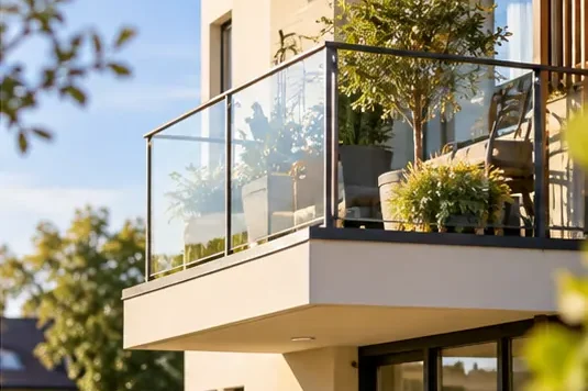 Balkon einer Eigentumswohnung in einem modernen Mehrfamilienhaus