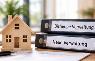 WEG-Verwalterwechsel Symbolische Darstellung eines Verwalterwechsels mit Hausmodell und Aktenordnern.