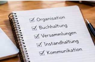 Aufgaben einer WEG-Verwaltung Notizblock mit den wichtigsten Aufgaben einer WEG-Verwaltung.